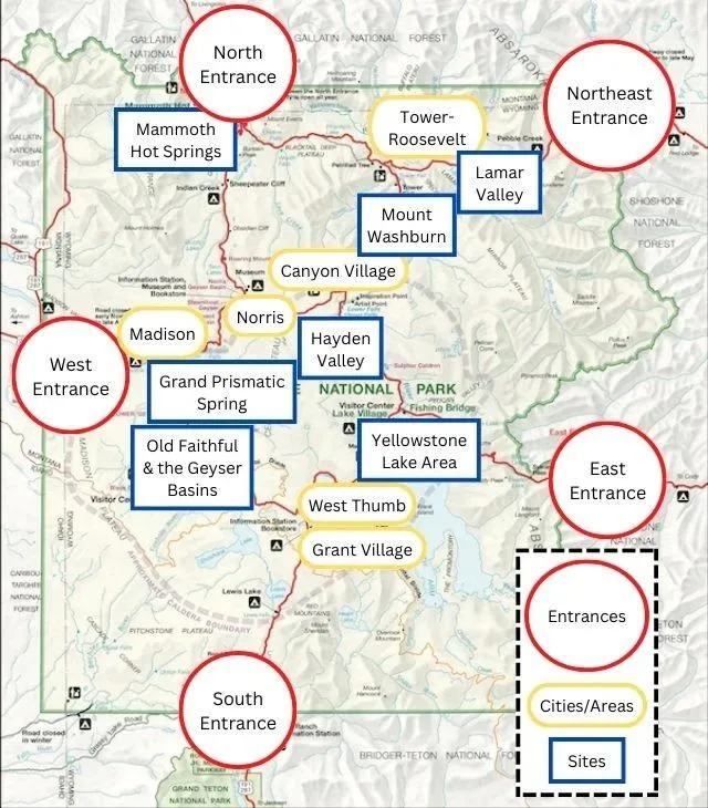 Yellowstone National Park map showing major attractions and roads for trip planning