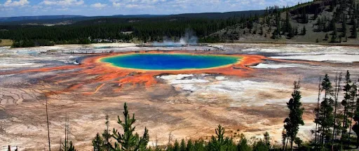 Grand Prismatic Spring with vibrant orange, white, green, and red colorings blending together