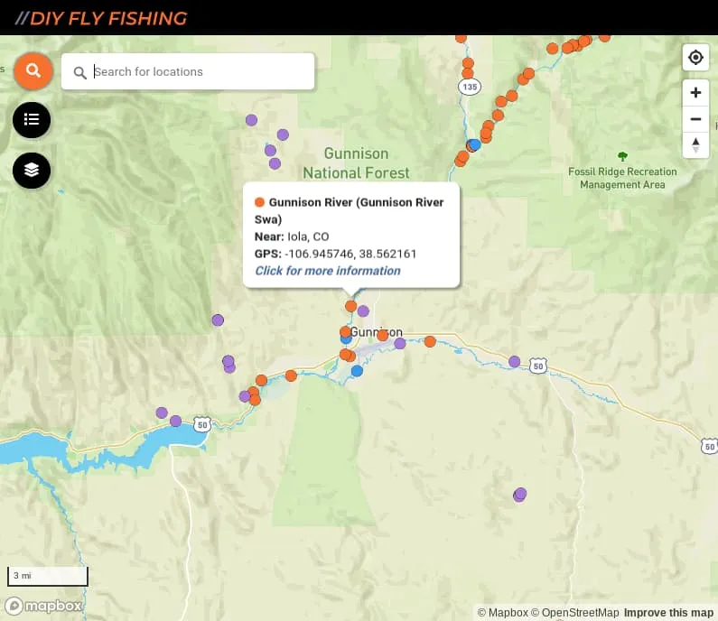 Gunnison River fishing access map showing key locations