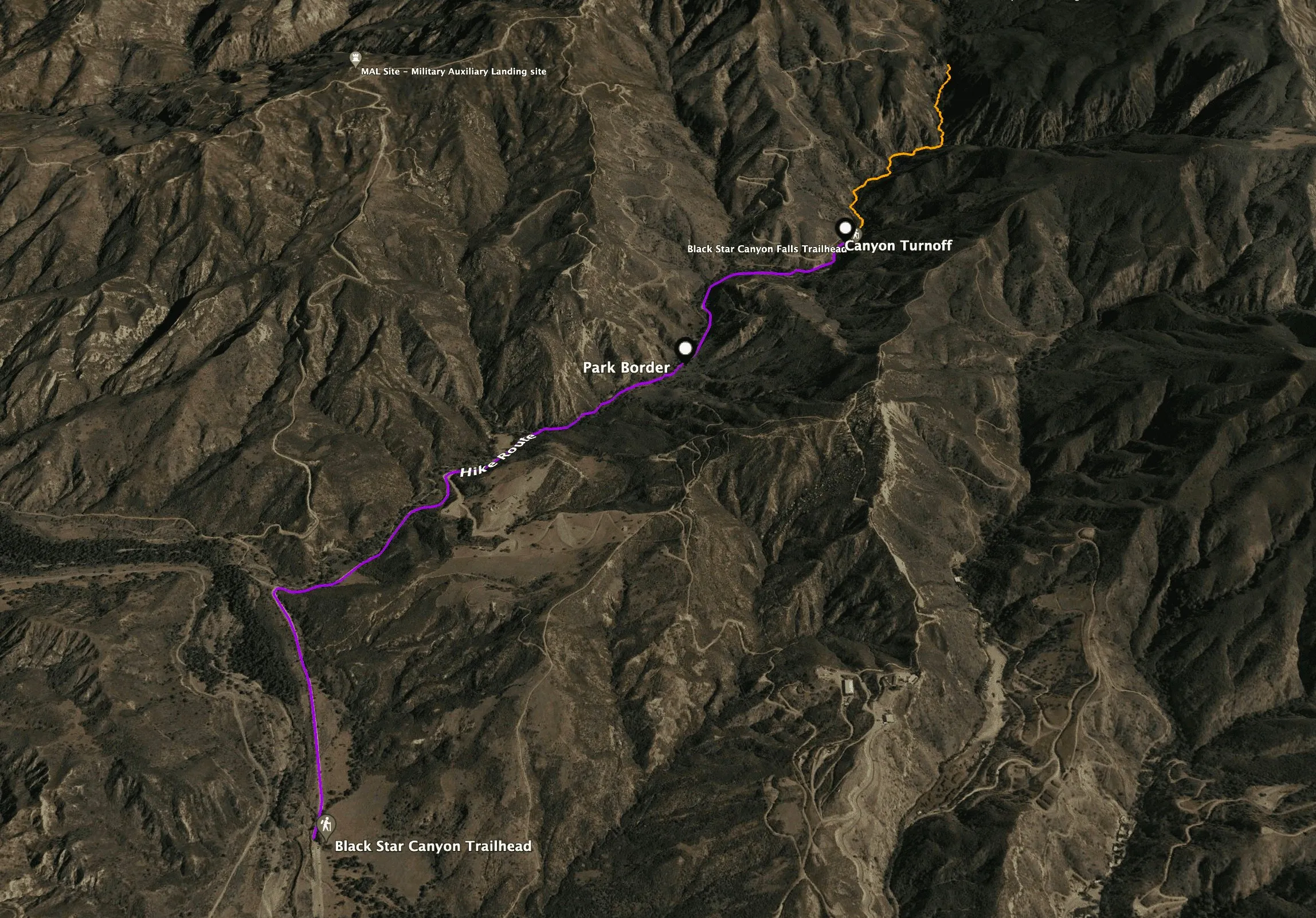 Black Star Canyon Falls 3D trail map showing elevation and route