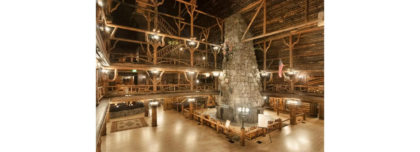 Old Faithful Inn interior showing historic log architecture