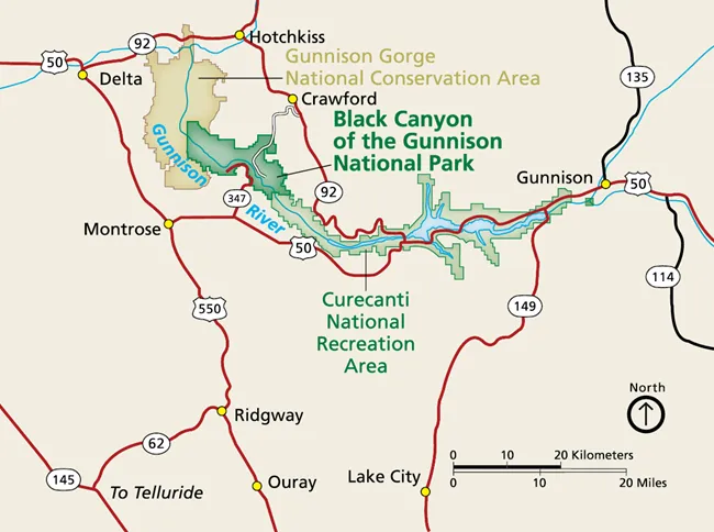 Regional map showing directions to Black Canyon of the Gunnison National Park with major highways and access points highlighted