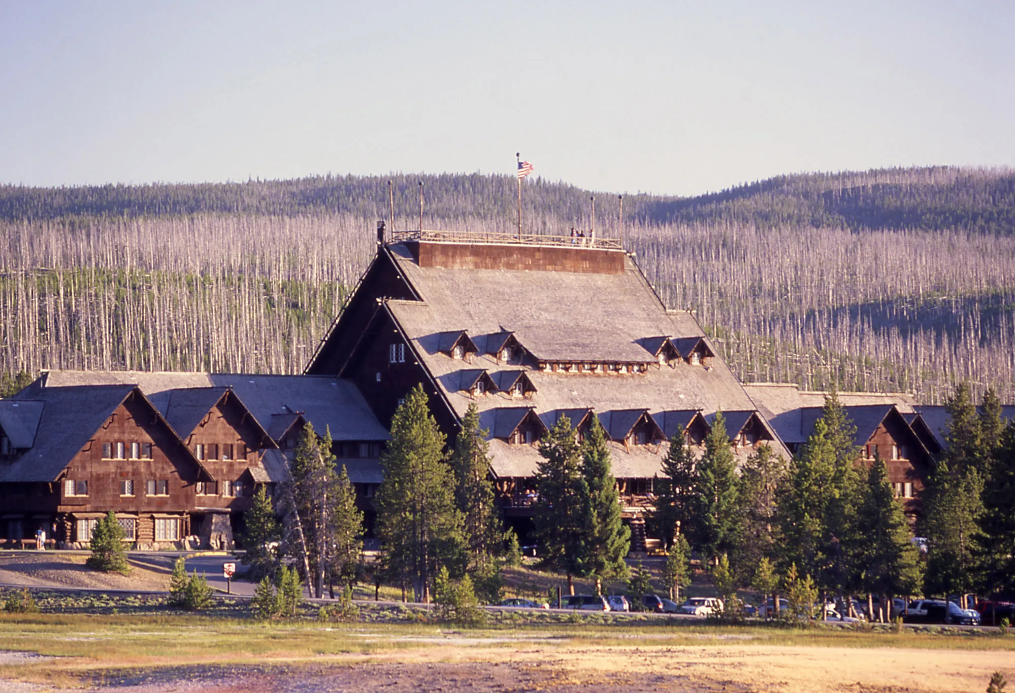 Old Faithful Inn facade showing the historic log architecture of one of the most famous hotels in Yellowstone National Park