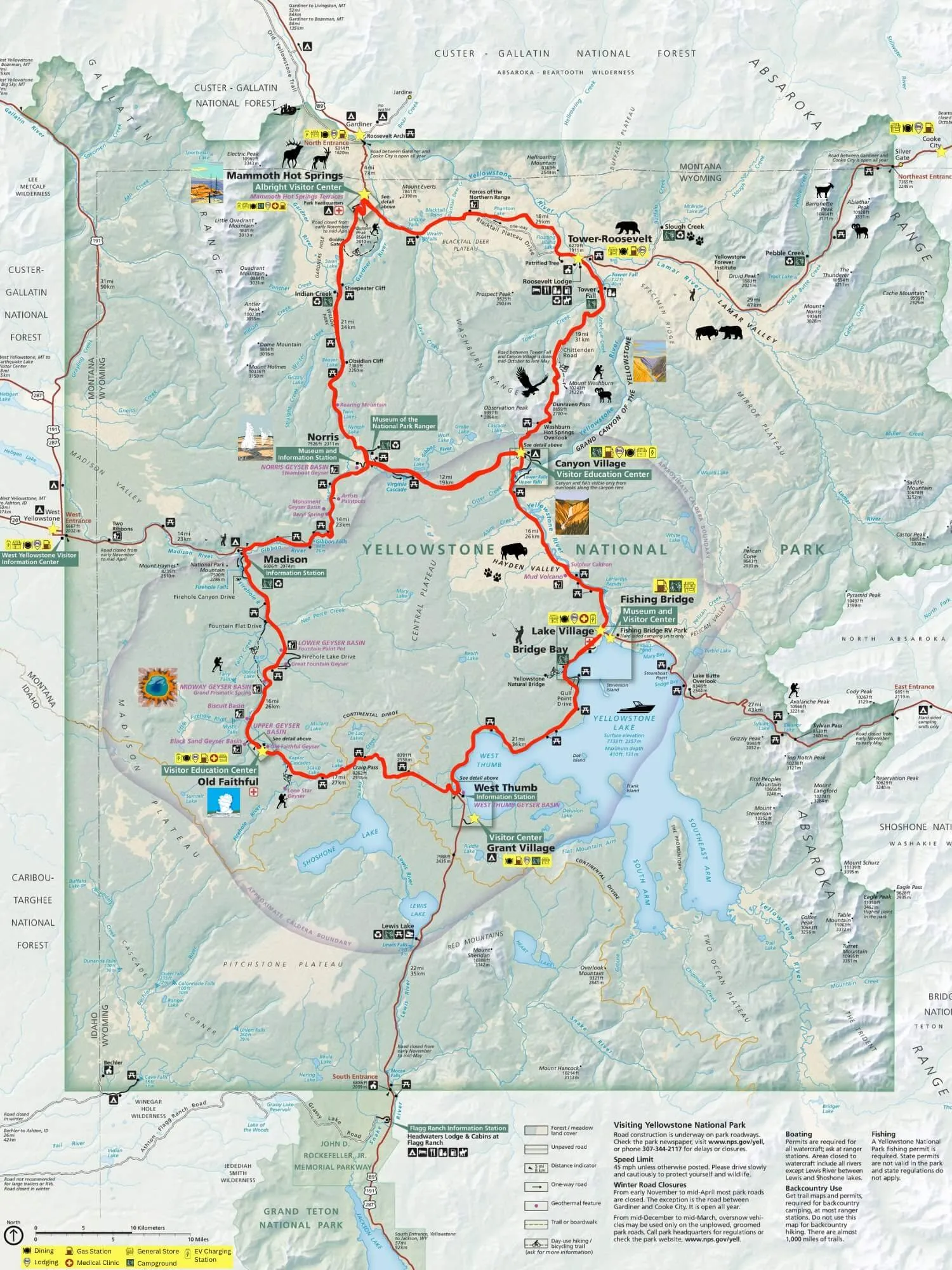 Complete map of Yellowstone National Park Grand Loop Road system showing all major attractions and routes