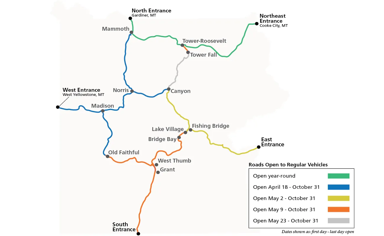 Official 2025 Yellowstone National Park road opening schedule showing dates for all entrances and road segments