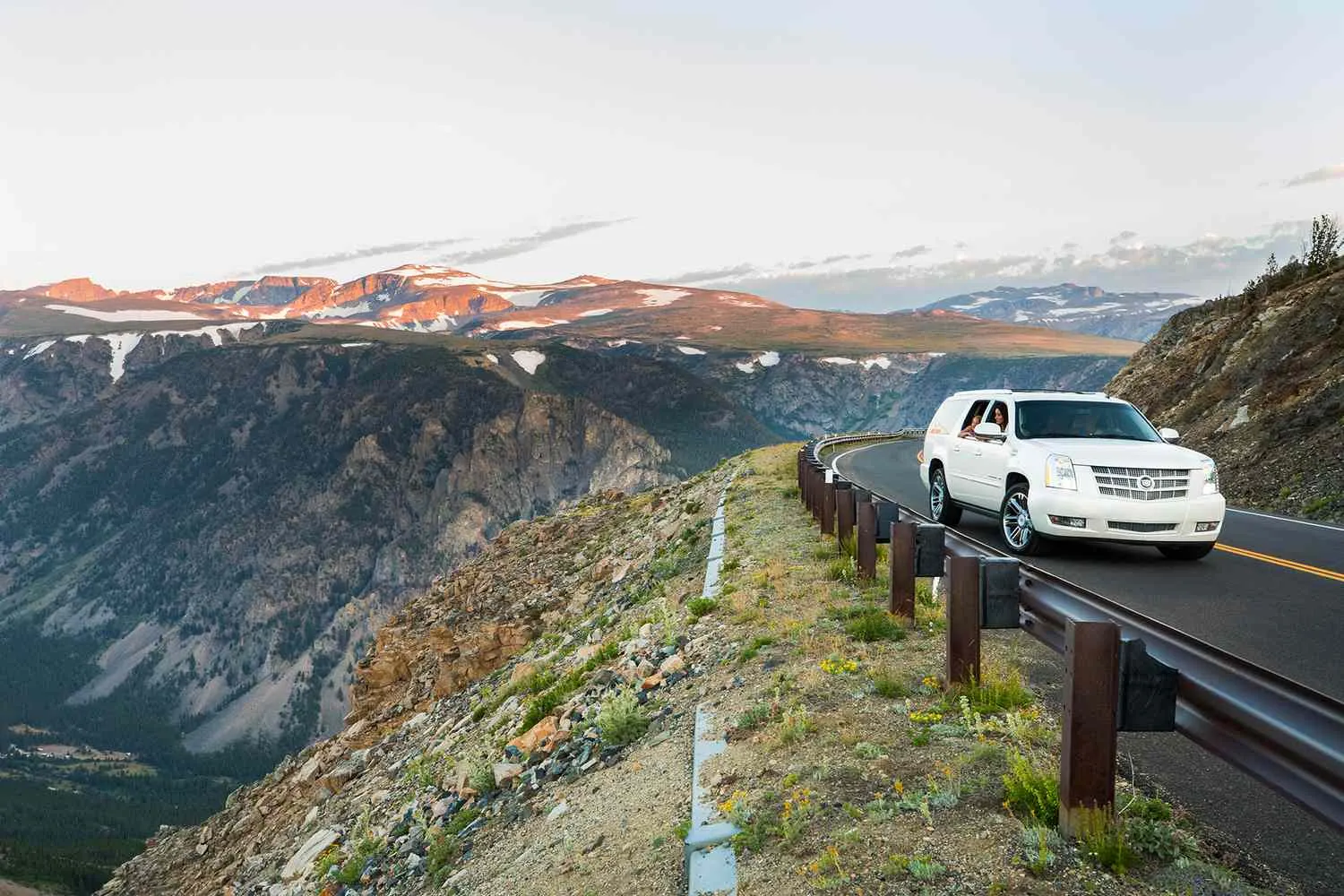 Spectacular view of Beartooth Highway approaching Yellowstone with alpine lakes and mountain peaks