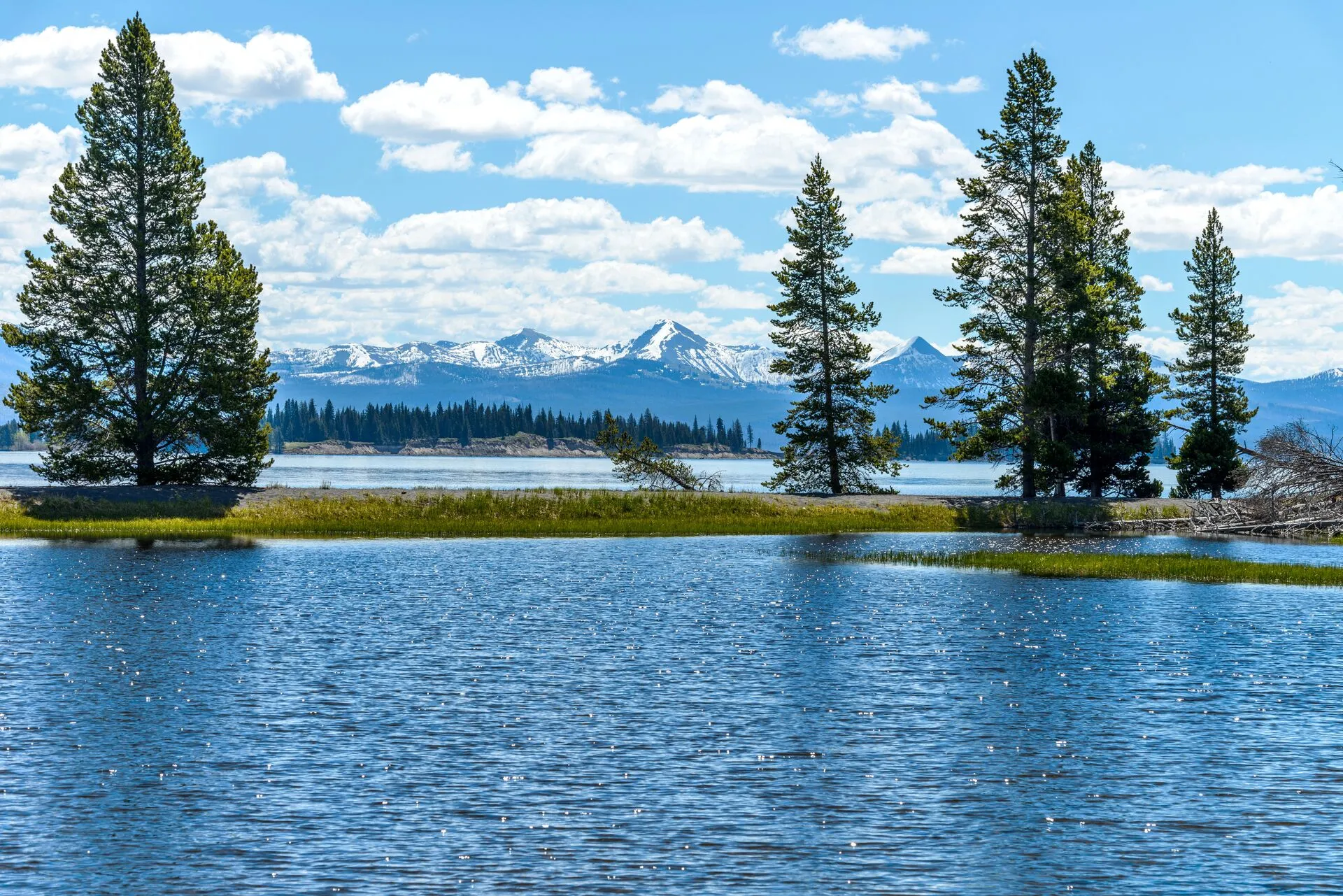 Yellowstone Lake in June with snow-capped mountains