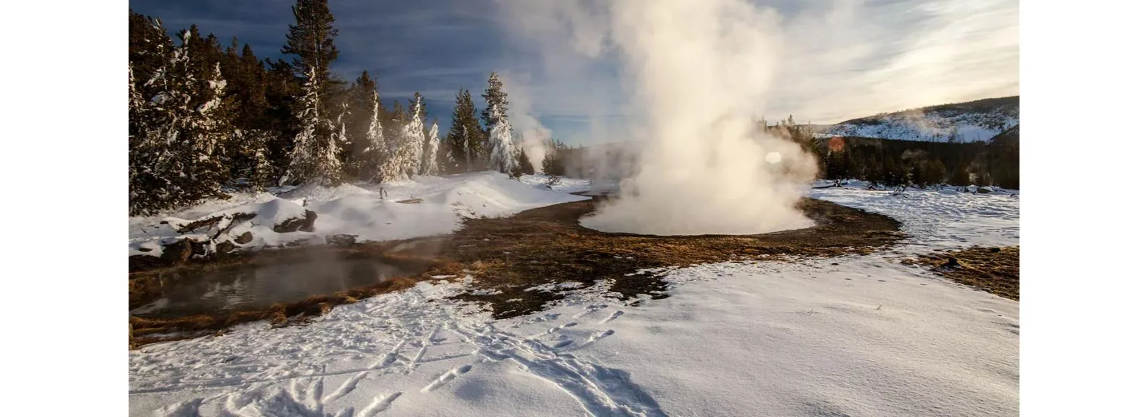 Yellowstone winter landscape in March showing snow-covered terrain and geothermal features
