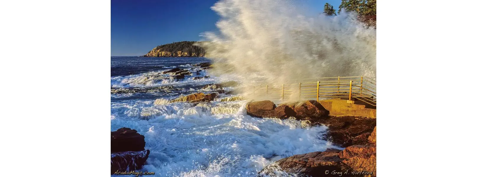 Thunder Hole with massive waves crashing against granite rocks in Acadia National Park