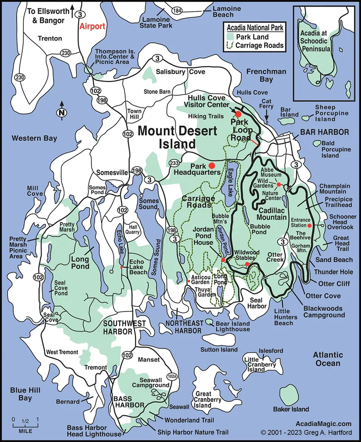 Complete Acadia National Park map showing Mount Desert Island with trail systems and major landmarks