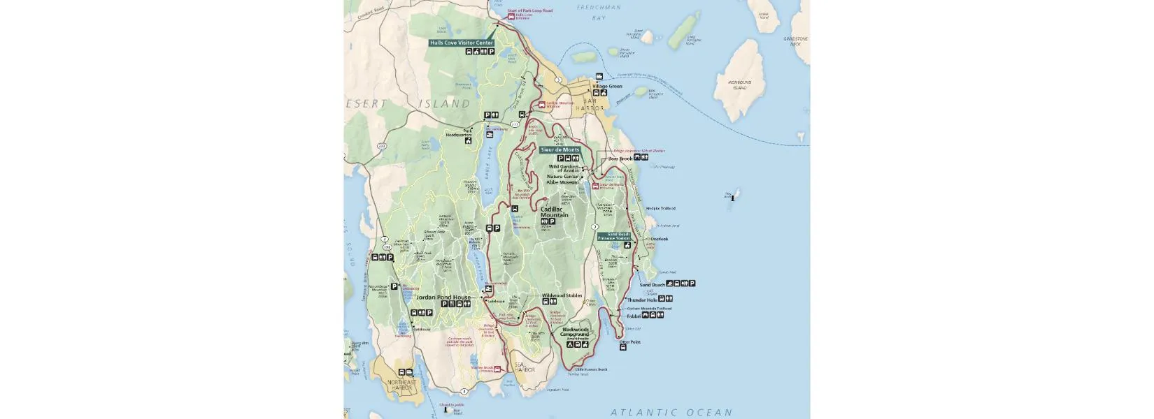 Detailed Mount Desert Island map showing hiking trails, carriage roads, and park facilities for activity planning