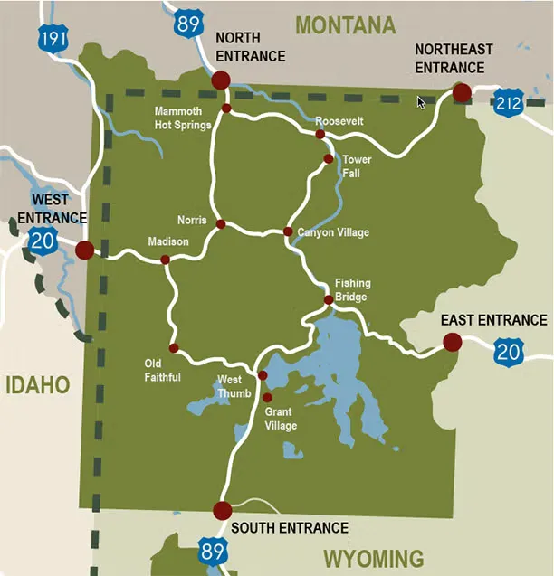 Yellowstone National Park road map showing the park's boundaries across Wyoming, Montana, and Idaho