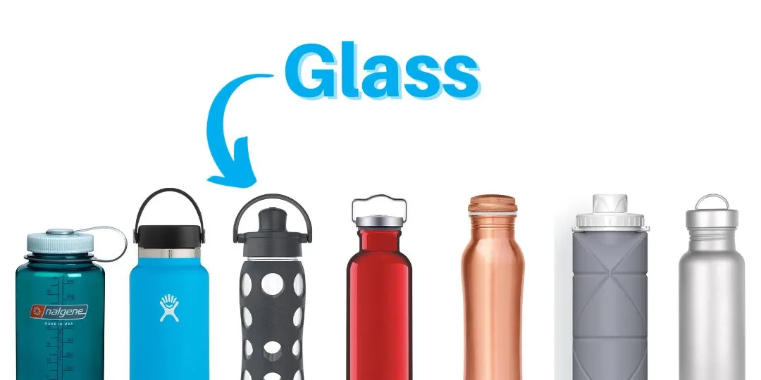 Water bottle materials safety comparison showing glass, stainless steel, and plastic options
