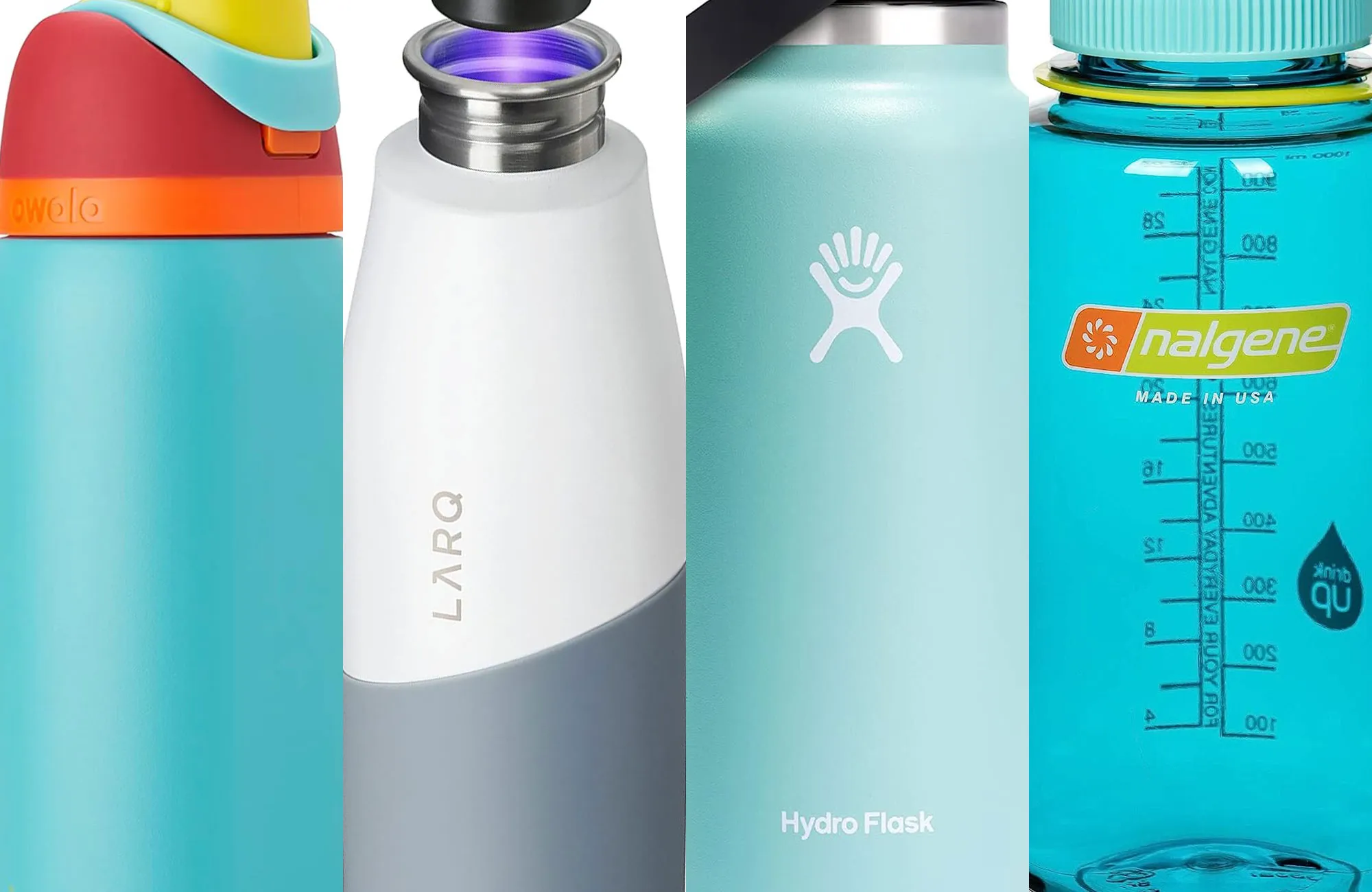 Various water bottles arranged for gym use comparison